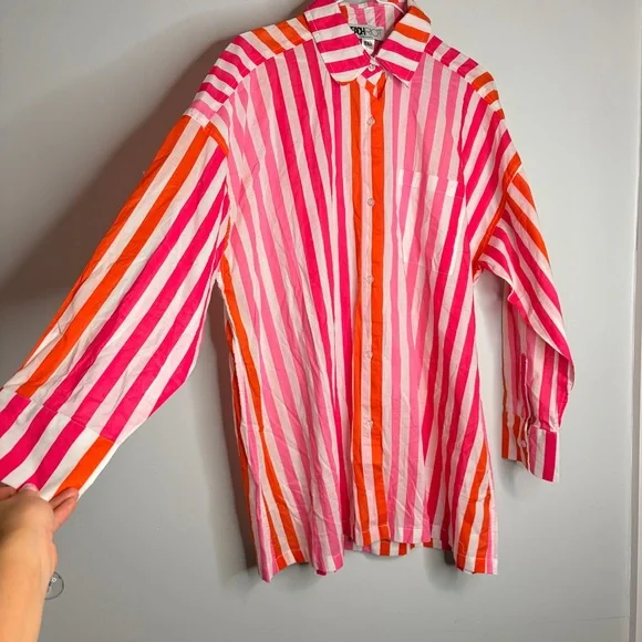 Beach Riot NWOT Womens L/XL Pink & Orange Striped Button-Up Shirt Swim Cover - Picture 7 of 10